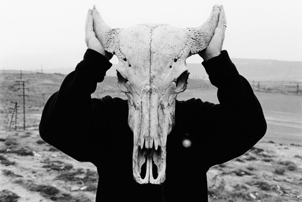 A man, working and wearing a BP pullover, poses with a dead buffalo's head. Baku Region, Azerbaijan - 2007 
